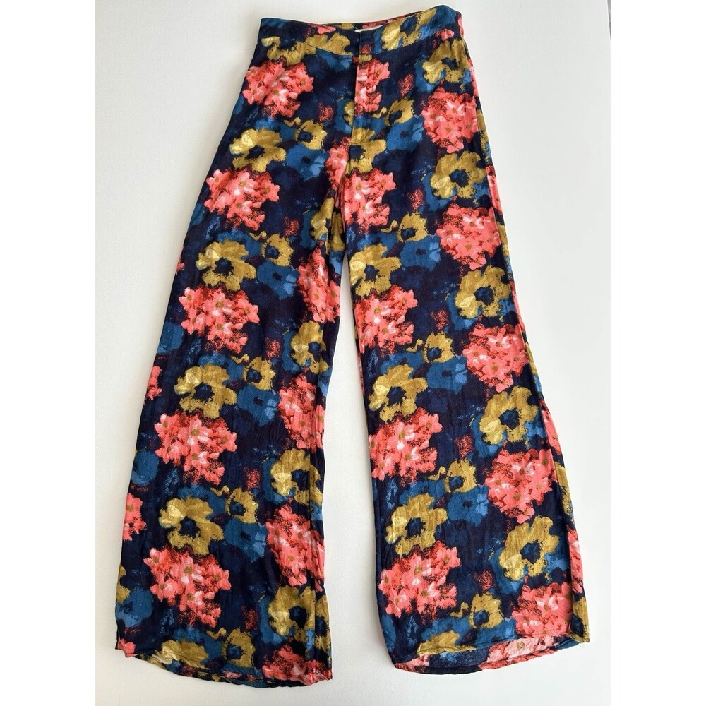 Abercrombie & Fitch Floral Wide Leg Flowy Colorful Pants Black Flat Front Size 2 - Picture 2 of 14